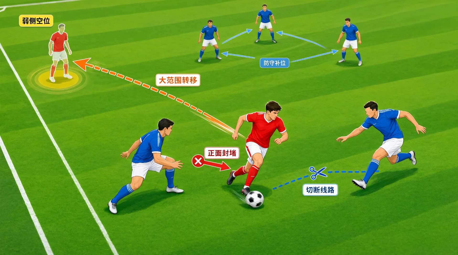 插画战术图：红衣球员带球被两名蓝衣球员包夹，标"正面封堵"与"切断线路"；橙色虚线箭头指向弱侧空位红衣队友，标"大范围转移"；上方蓝衣球员间箭头标"防守补位"。