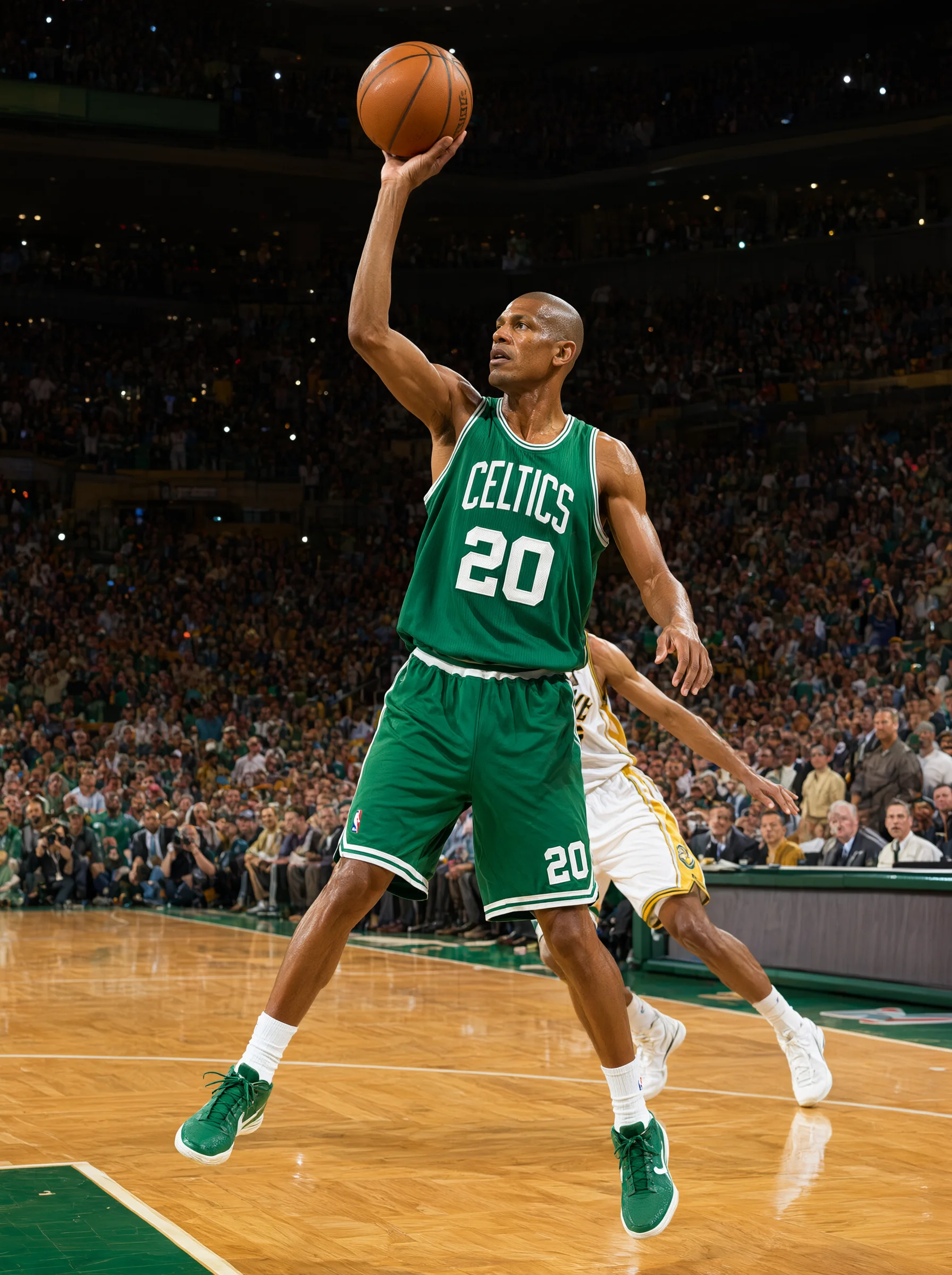 一名身穿印有"CELTICS"和20号绿色球衣的篮球运动员在木地板球场上跃起，单臂高举托球准备投篮，身后一名白衣球员贴身防守，背景为坐满观众的看台。