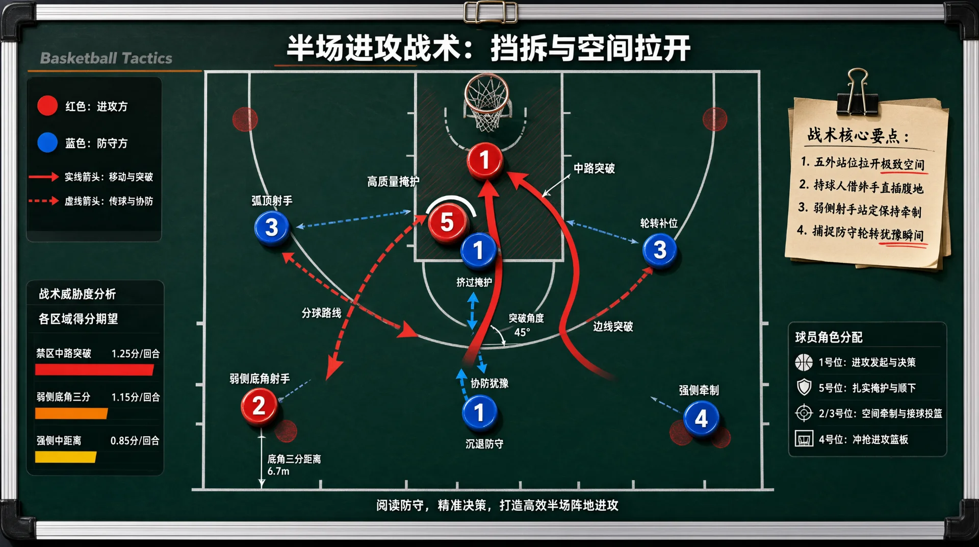 战术板风格半场篮球战术图：红色编号圆点为进攻方，蓝色为防守方；红色实线箭头标出中路突破、边线突破与分球路线，蓝色虚线箭头表示传球与轮转；两侧附图例与要点说明。